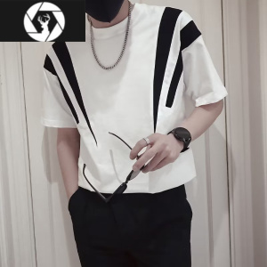 HongZun短袖T恤男士夏季潮流韩版黑白拼色帅气个性休闲宽松圆领上衣
