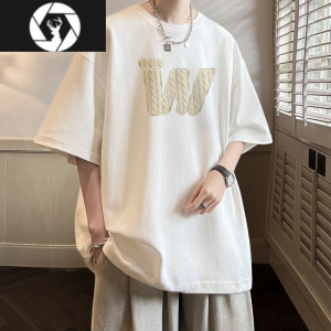 HongZun短袖T恤男夏季潮流设计感小众字母印花体恤高街情侣休闲衣服