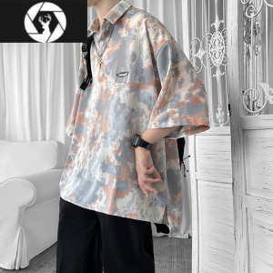HongZun高街男t恤薄款翻领短袖设计感小众扎染渐变polo衫夏季潮牌五分袖
