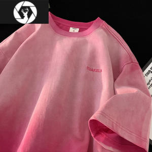 HongZun320g粉色水洗做旧t恤夏季潮牌美式复古渐变短袖男小众情侣装