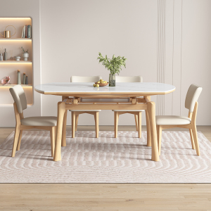欧梵森 餐桌 亮光橡胶木岩板餐桌椅组合现代简约小户型圆桌家用饭桌子极简餐厅餐桌