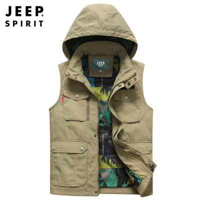 JEEPSPIRIT吉普男士上马甲薄款网眼连帽背心运动马夹钓鱼摄影工装百搭外套