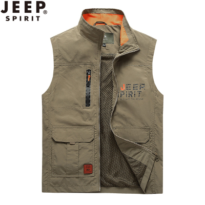 JEEPSPIRIT吉普男装马甲上透气多袋背心工装军旅风格马夹运动钓鱼摄影坎肩有大码