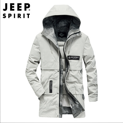 JEEPSPIRIT吉普新品男士中长款羽绒服连帽多袋工装防风大码男装休闲白鸭绒外套