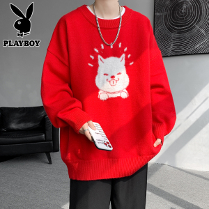 PLAYBOY时尚休闲圆领毛衣男士秋冬季新款青少年潮牌套头宽松上衣