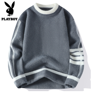 PLAYBOY时尚假两件毛衣男士圆领套头秋冬季新款青少年针织打底衫