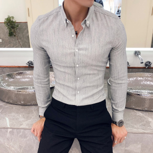 SUNTEK夏季短袖衬衫男韩版潮流帅气条纹七分袖衬衣高级感发型师潮牌男装衬衫