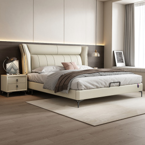 锐取 头层牛皮床意式极简主卧室1.8米双人床1.5米实木框架软皮艺床婚床