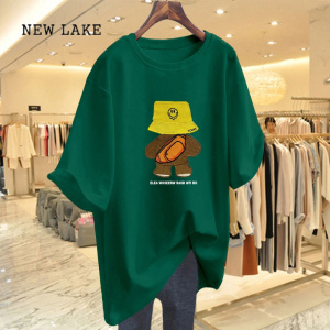 NEW LAKE墨绿色纯棉宽松短袖T恤女2024夏季新款欧货大码200斤中长款上衣潮