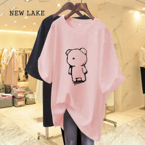 NEW LAKE夏季粉色短袖t恤女2024新款爱心纯棉中长款宽松欧货体恤上衣服ins