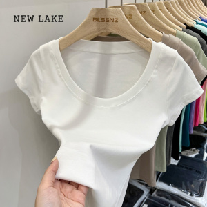 NEW LAKE美式灰色正肩u领纯棉短袖t恤女夏季设计感小众小个子修身短款上衣