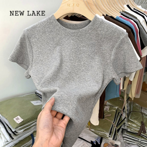 NEW LAKE欧货冰丝面膜灰色t恤女短袖夏季2024年新款修身针织打底圆领上衣