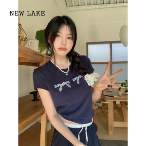 NEW LAKE韩系小众蝴蝶刺绣圆领短袖T恤女装夏季设计感小上衣短款打底小衫