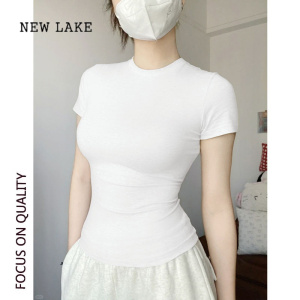 NEW LAKE紧身短袖t恤女夏季2024新款圆领内搭茶艺风显身材纯欲正肩上衣