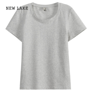 NEW LAKE米灰色正肩短袖t恤女ins夏季2024新款修身显瘦高级感休闲百搭上衣