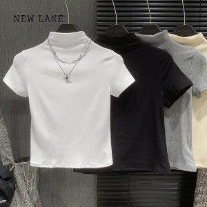 NEW LAKE半高领白色短袖t恤女夏季2024新款修身显瘦短款纯色百搭正肩上衣