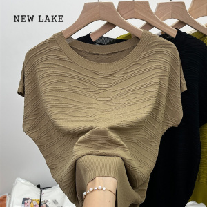 NEW LAKE宽松显瘦[80-200斤]复古纹理冰丝短袖T恤女夏新款遮肚针织上衣