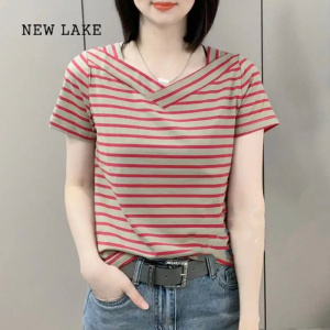 NEW LAKE女士t恤短袖2024夏季新款宽松条纹中年妈妈气质时尚时髦纯棉上衣