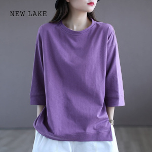 NEW LAKE2024新款女装纯棉紫色短袖5分袖t恤时尚休闲上衣宽松打底衫女圆领