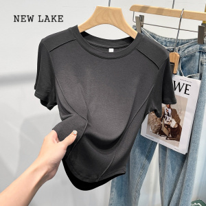 NEW LAKE设计感正肩鱼骨奶杏色t恤圆领夏季新款ins减龄内搭打底上衣短袖女
