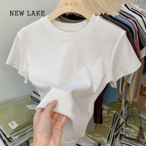 NEW LAKE螺纹纯色正肩短袖T恤女夏季半袖体恤修身显瘦小衫圆领打底上衣潮