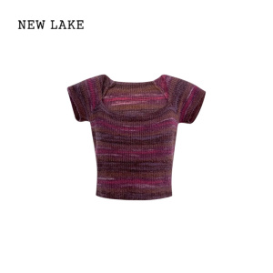 NEW LAKE韩素希同款紫罗色方领针织短袖t恤女纯欲甜辣妹高腰短款露脐上衣