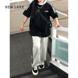 NEW LAKE纯棉黑色美式短袖T恤女夏季新款条纹撞色复古设计感潮牌大码上衣
