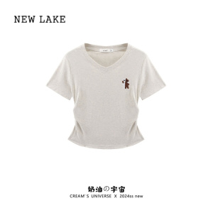NEW LAKE奶油的宇宙 刺绣卡通V领正肩短袖T恤女日系不露腰短上衣夏季新款