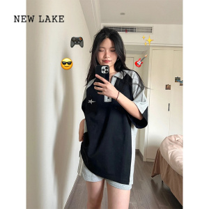 NEW LAKE美式复古拼接翻领短袖T恤女半拉链甜酷风夏季宽松情侣polo衫潮牌