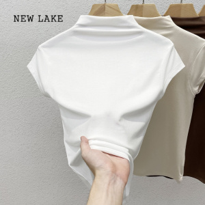 NEW LAKE半高领短袖t恤女2024新款夏季冰丝针织短款打底紧身正肩黑色上衣