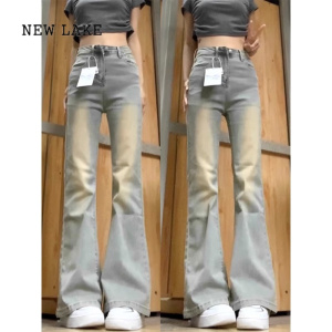 NEW LAKE美式复古高街微喇牛仔裤女春季小个子设计感高腰显瘦大码喇叭裤子