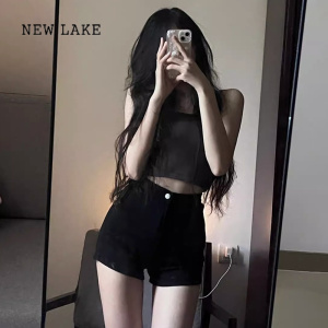 NEW LAKE高腰a字黑色牛仔短裤女夏季薄款2024年新款小个子辣妹热裤设计感