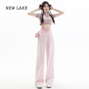 NEW LAKE粉色牛仔裤女夏季薄款2024年新款高腰显瘦梨形身材拖地窄版阔腿裤