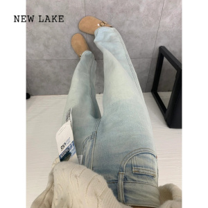 NEW LAKE春新款月光蓝高腰窄版直筒裤粉色皮标浅色牛仔裤女薄款垂感拖地裤