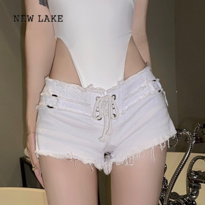 NEW LAKE侧面拉链设计感小众低腰白色牛仔短裤女夏季辣妹热辣性感a字裤