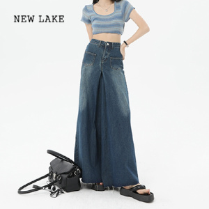 NEW LAKE设计感毛边阔腿牛仔裤女夏季薄款高腰显瘦宽松垂感直筒拖地裤裙潮