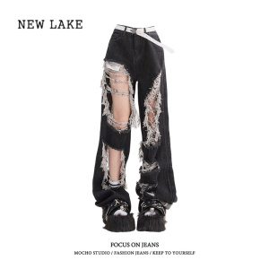 NEW LAKE美式高街破洞牛仔裤女夏季高腰直筒宽松显瘦流苏设计感阔腿拖地裤