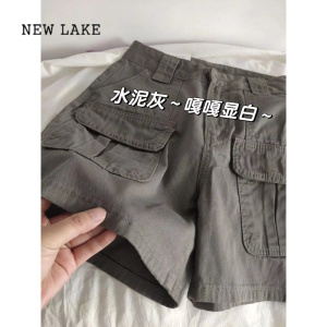NEW LAKE美式复古水泥灰工装短裤女夏季新款高街设计感高腰阔腿休闲牛仔裤