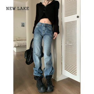 NEW LAKE拽酷有道~高个子直筒牛仔裤女中低腰复古阔腿裤拖地长裤子