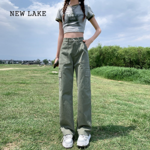 NEW LAKE黑色工装裤女夏天薄款2024新款美式高腰直筒牛仔裤窄版阔腿裤夏季