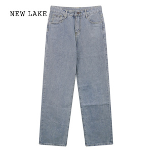 NEW LAKE小个子浅蓝色直筒牛仔裤子女新款2024高腰显瘦阔腿裤直筒长裤