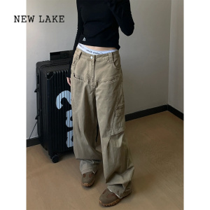 NEW LAKE美式复古设计多口袋伐木工装裤子潮百搭宽松直筒休闲阔腿牛仔裤女