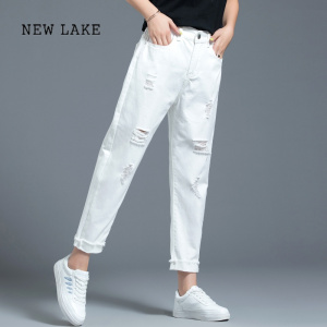 NEW LAKE白色裤子破洞牛仔裤女夏季薄款宽松直筒女士2024年新款休闲九分裤