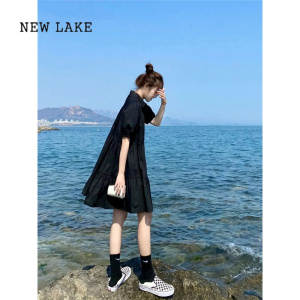 NEW LAKE宽松显瘦休闲连衣裙子女夏2024新款法式复古设计感小众褶皱小黑裙