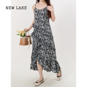 NEW LAKE120斤的大杨 法式碎花吊带裙春夏新款不规则小个子微胖显瘦连衣裙