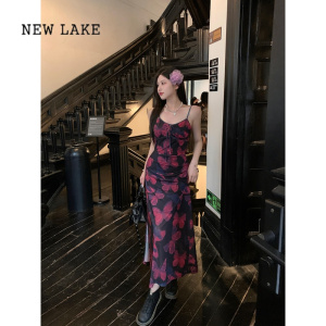 NEW LAKE大码设计感印花连衣裙女夏季胖MM藏肉显瘦吊带裙子防晒开衫两件套