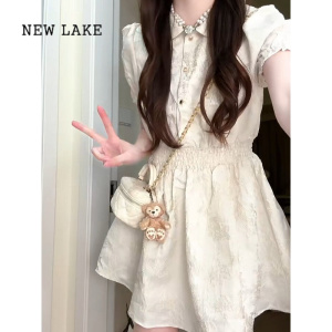 NEW LAKE法式初恋白色连衣裙女装夏季高级感气质仙女蓬蓬裙收腰小个子短裙