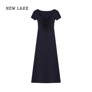 NEW LAKE纯欲风设计感褶皱U领连衣裙女装夏季修身收腰包臀裙长裙