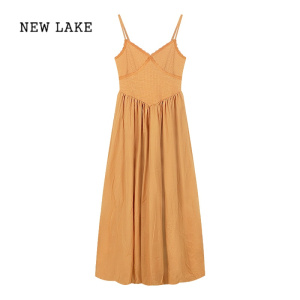 NEW LAKE法式蕾丝V领吊带连衣裙女夏季收腰显瘦气质裙子度假长裙