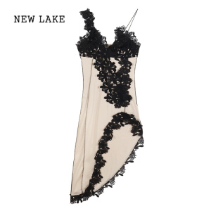 NEW LAKE蕾丝拼接吊带连衣裙女夏季v领性感开叉长裙不规则风情万种的裙子